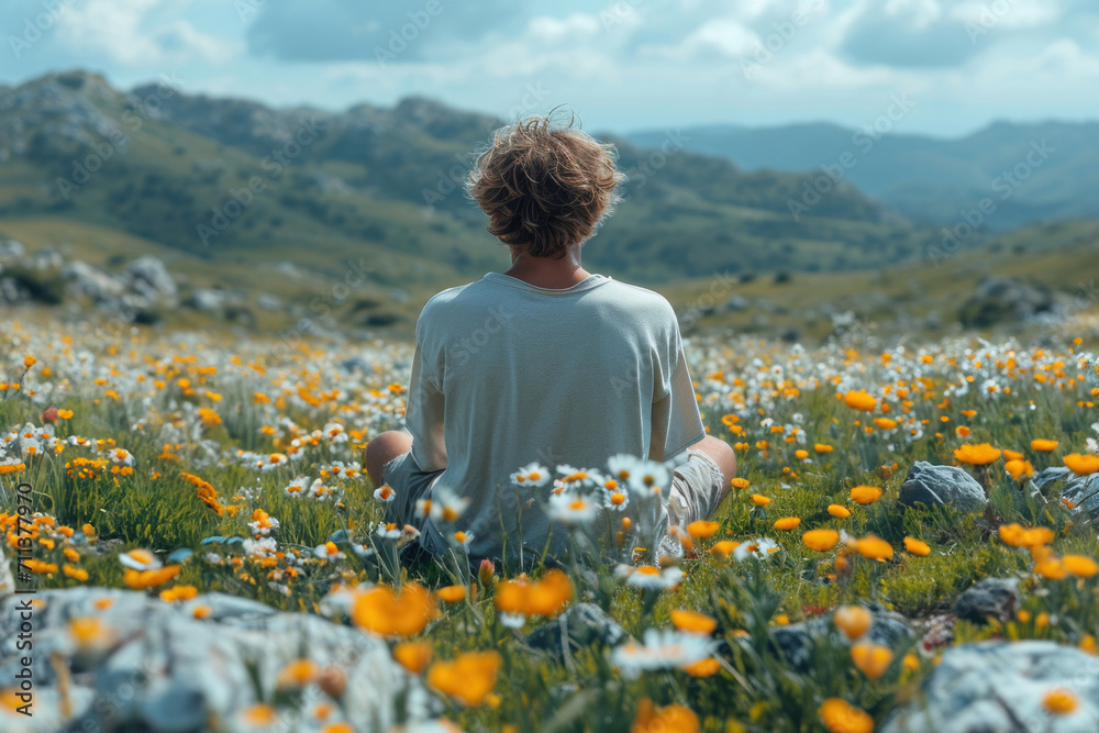 In a summer meadow, a young man enjoys the beauty of nature and freedom.