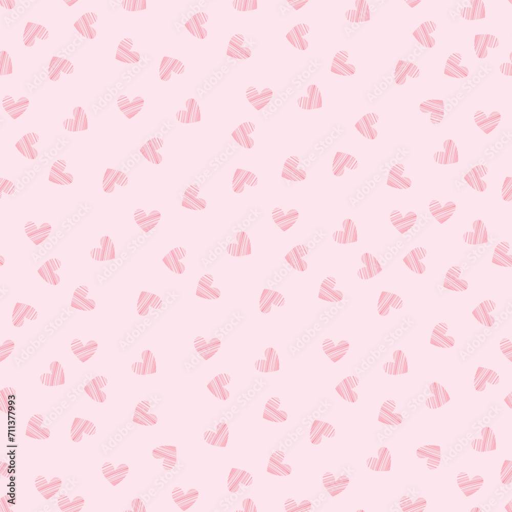 Seamless pattern with line hearts on pink background. For Valentines Day, decorative, wrapping paper. Vector