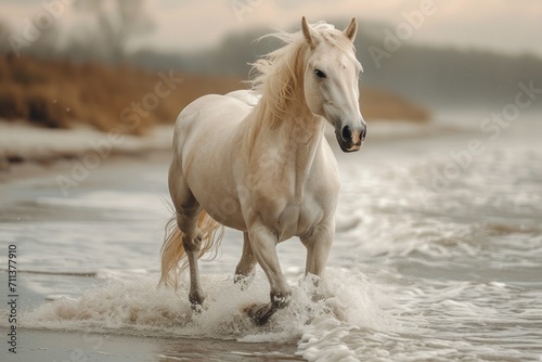 The white horse gallops freely along the beach  capturing the beauty of nature and freedom.
