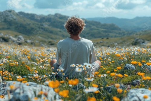 In a summer meadow, a young man enjoys the beauty of nature and freedom.
