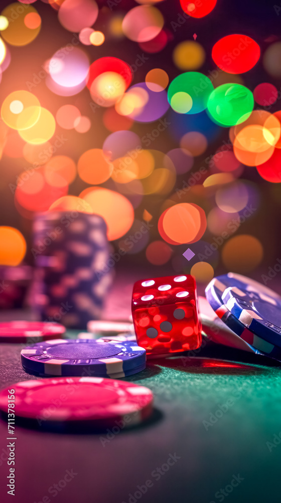 casino scene with a focus on red dice and gambling chips set against a colorful backdrop of bokeh lights, capturing the high-energy and chance elements of gaming casino scene with a focus on red dice and gambling chips set against a colorful backdrop of bokeh lights, capturing the high-energy and chance elements of gaming