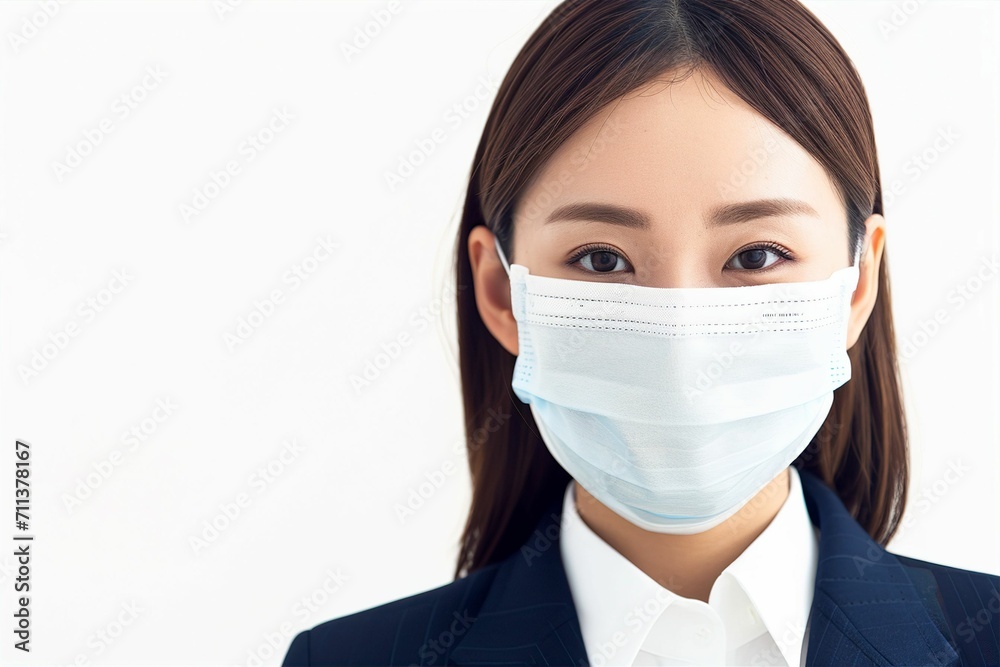マスクをしているスーツ姿の日本人女性のポートレート写真(会社員・コロナ・風邪・病気・花粉症) マスクをしているスーツ姿の日本人女性のポートレート写真(会社員・コロナ・風邪・病気・花粉症)