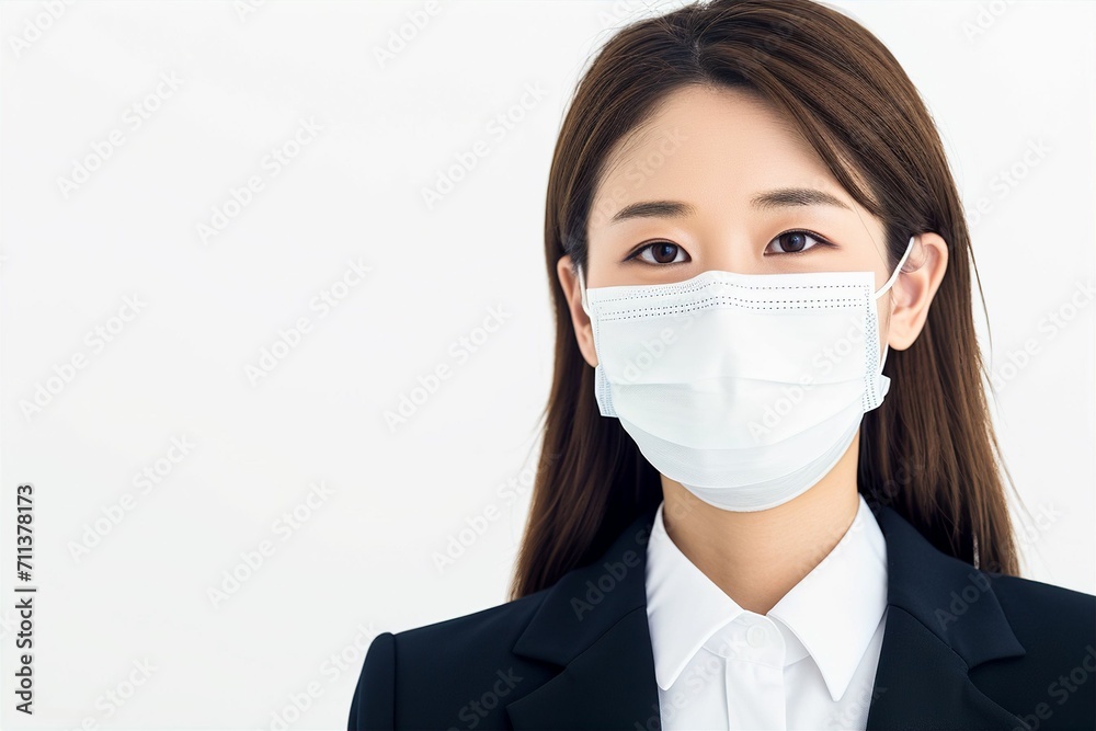 マスクをしているスーツ姿の日本人女性のポートレート写真(会社員・コロナ・風邪・病気・花粉症) マスクをしているスーツ姿の日本人女性のポートレート写真(会社員・コロナ・風邪・病気・花粉症)