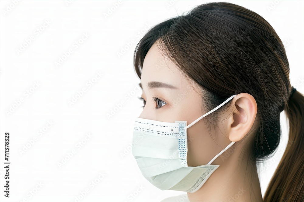 マスクをしている日本人女性のポートレート写真（背景なし・コロナ・風邪・病気・花粉症・介護）