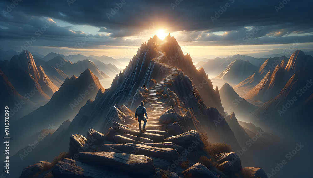 Caminante ascendiendo un sendero montañoso hacia la cima en un sublime amanecer, simbolizando la búsqueda de superación y la conexión con la naturaleza - obrazy, fototapety, plakaty 