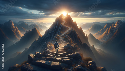 Caminante ascendiendo un sendero montañoso hacia la cima en un sublime amanecer, simbolizando la búsqueda de superación y la conexión con la naturaleza
