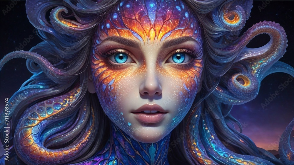 Märchenwesen mit leuchtenden Pigmentierungen im Gesicht