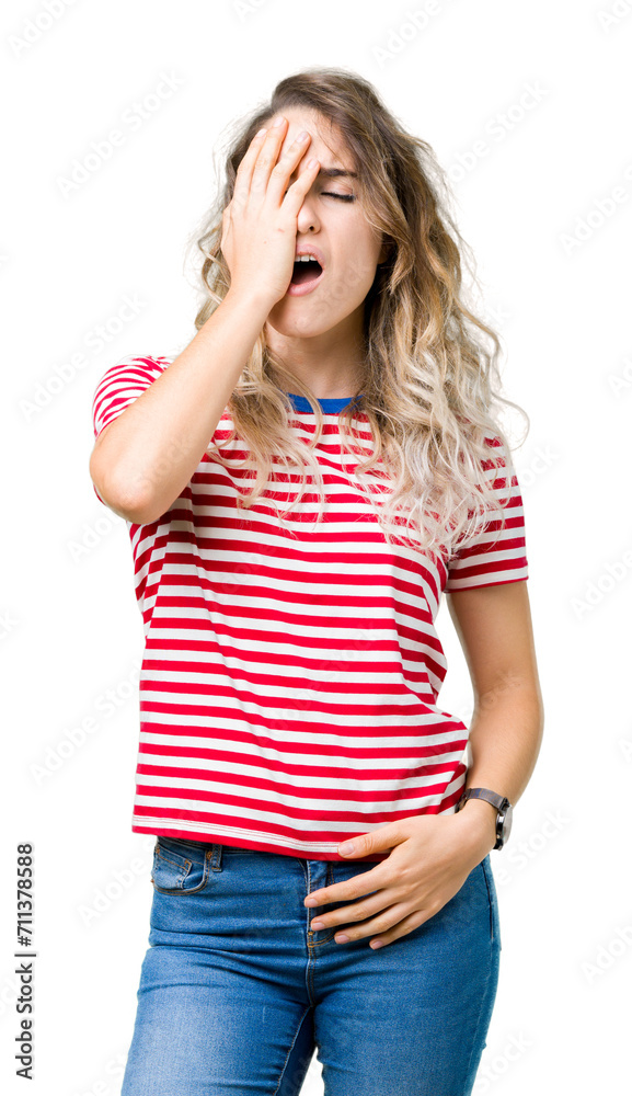 Beautiful young blonde woman over isolated background Yawning tired covering half face, eye and mouth with hand. Face hurts in pain. Beautiful young blonde woman over isolated background Yawning tired covering half face, eye and mouth with hand. Face hurts in pain.