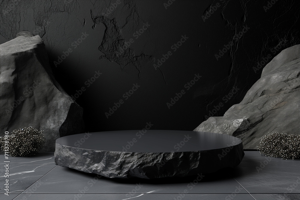 Black geometric marble rock and stone shapes for background, Stone wall black space podium mockup, minimal presentation, 3d rendering.