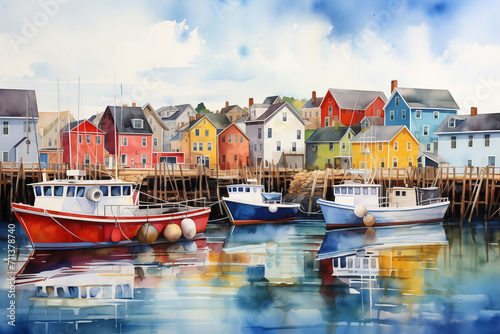 Lively watercolor painting depicting a bustling harbor with sailboats against a backdrop of colorful houses. photo