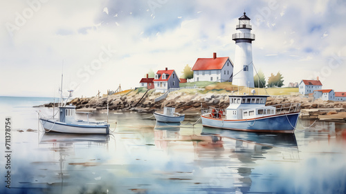 Mesmerizing watercolor painting portraying a peaceful harbor with fishing boats and a lighthouse. photo