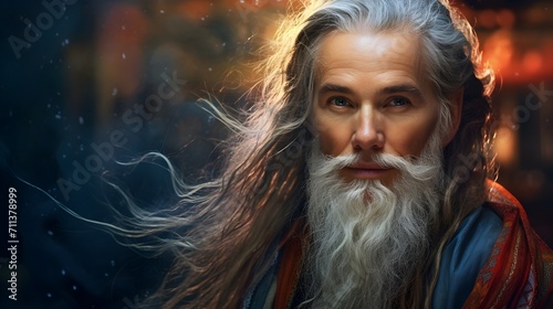 Portrait eines alten Mannes mit weißen, wehenden Haaren und langem Bart