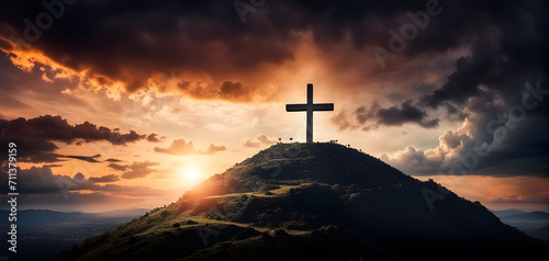Golgotha hill and cross as symbol of Jesus' death and resurrection during Passion Week