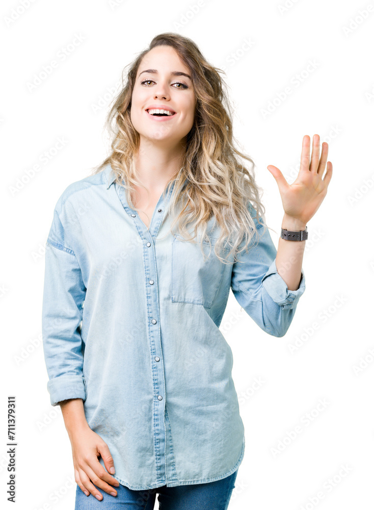 Beautiful young blonde woman over isolated background showing and pointing up with fingers number five while smiling confident and happy. Beautiful young blonde woman over isolated background showing and pointing up with fingers number five while smiling confident and happy.