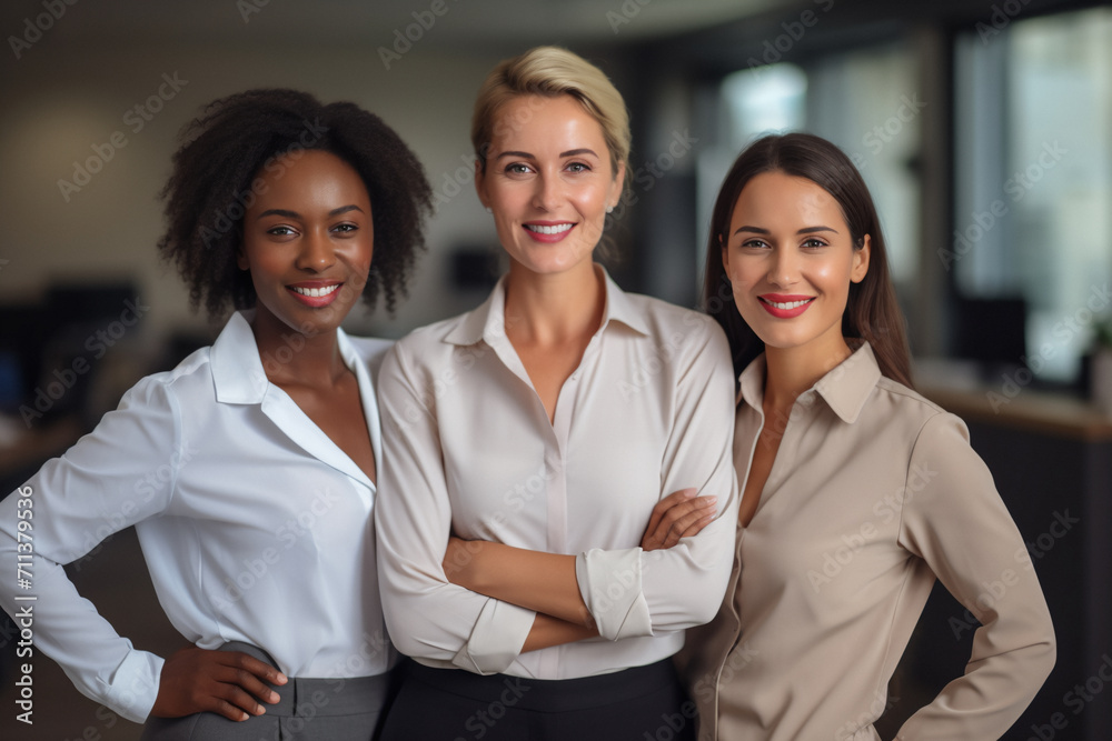 Business women. Portrait of multiracial group of beautiful and happy female employees standing in a modern office. Smiling office workers looking at the camera in a workplace.