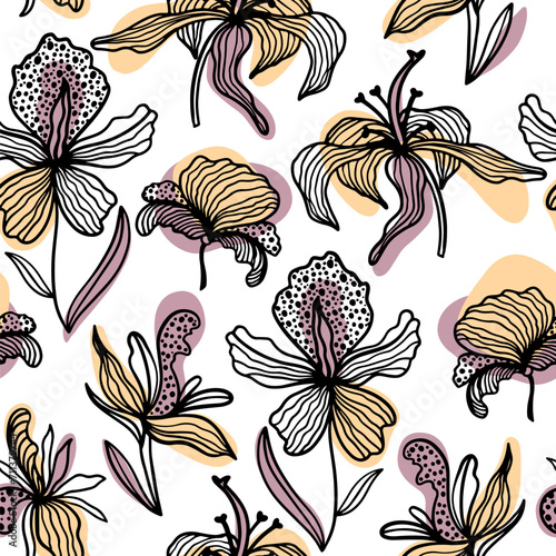 Trendy floral seamless pattern. Hand-drawn contour lines of fantastic plants and flowers with abstract substrates of pastel yellow and purple colors. Lilies, orchids, poppies and tulips. Vector
