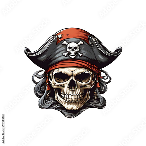 Pirate Chic Skull T-Shirt Design. Illustration of a skull decorated with a classic pirate hat, suitable for a stylish and edgy t-shirt print design.