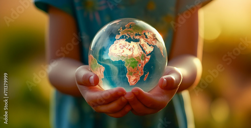 the hands of a girl holding the planet Earth in her hands, with the background illuminated by the sun and out of focus. photo
