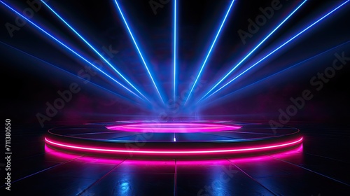 Neon stage background, pedestal with neon light and haze. Round neon podium.Rays from spotlights illuminate podium stage