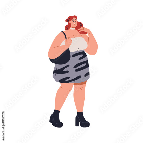 Happy young woman with plus-size chubby body, figure. Smiling fat chunky girl...