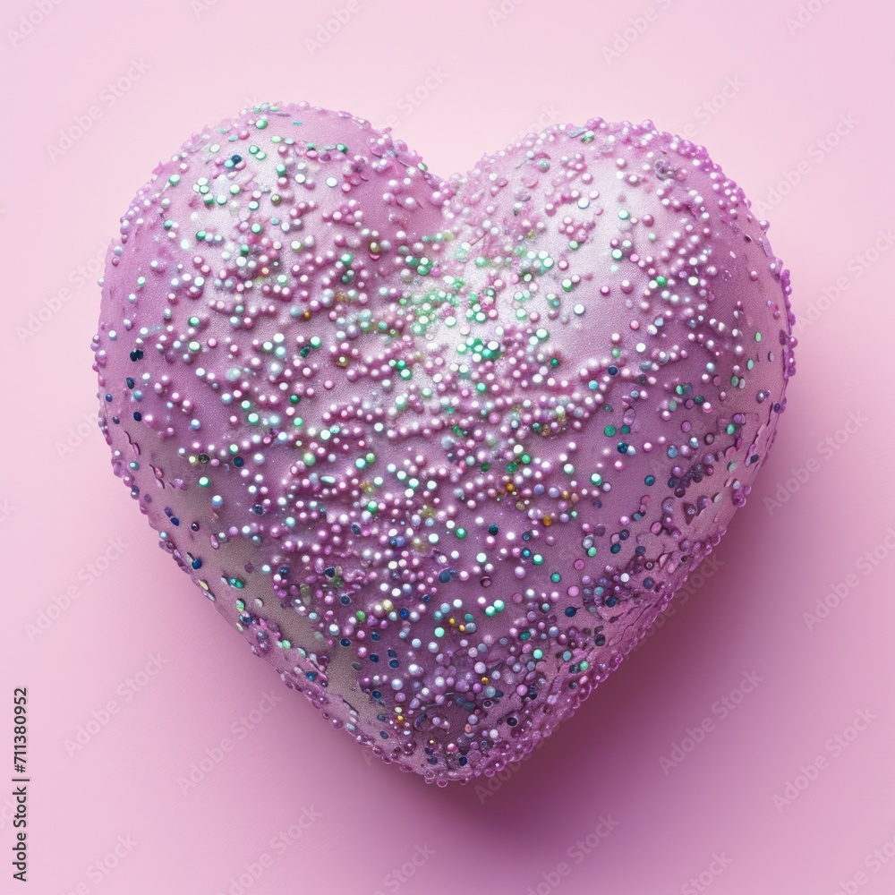 A heart-shaped object is coated with a mixture of purple and silver glitter, conveying playfulness and charm A heart-shaped object is coated with a mixture of purple and silver glitter, conveying playfulness and charm