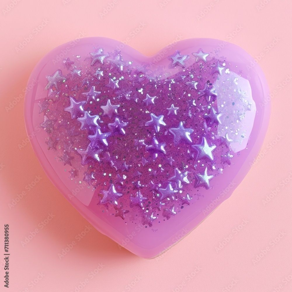 Fototapeta premium A sparkling purple heart adorned with stars on a soft pink background, evoking a sense of whimsy