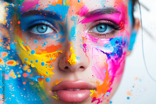 Woman with colour on her face Woman with colorful face touching face. Face paint. Makeup Time. Beauty Portrait of Woman with Artistic Make-Up. Colorful painting over the models face