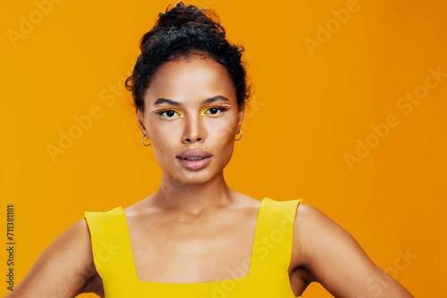 Portrait woman black beauty style make-up smile african face colourful yellow cosmetic creative beautiful