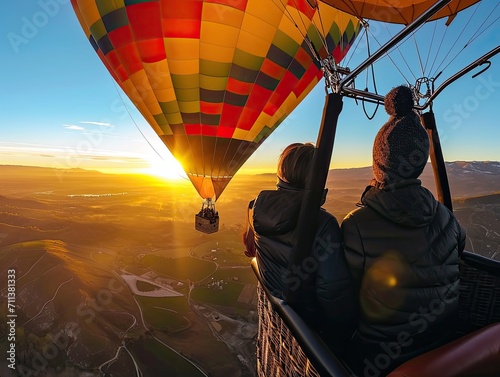 Two people enjoying a scenic hot air balloon ride at sunrise, sharing a moment of awe as they watch the landscape below come to life