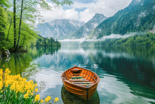 Fototapeta Naklejka Na Ścianę i Meble -  Peaceful landscape, lake, spring celebration, landscape concept, March, generative ai