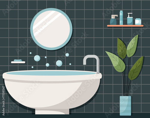 Modern bathroom interior in dark black color. Buthtub with water, soap, mirror and shelf with bottles