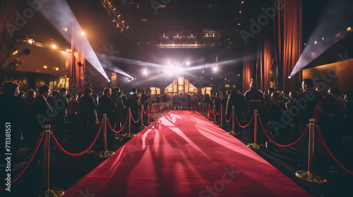 an empty red carpet in an indoor room night with people on either side. spotlights and rope. photo