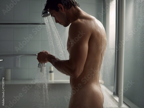 Naked Man Standing in Shower Holding Shower Head. Generative AI.