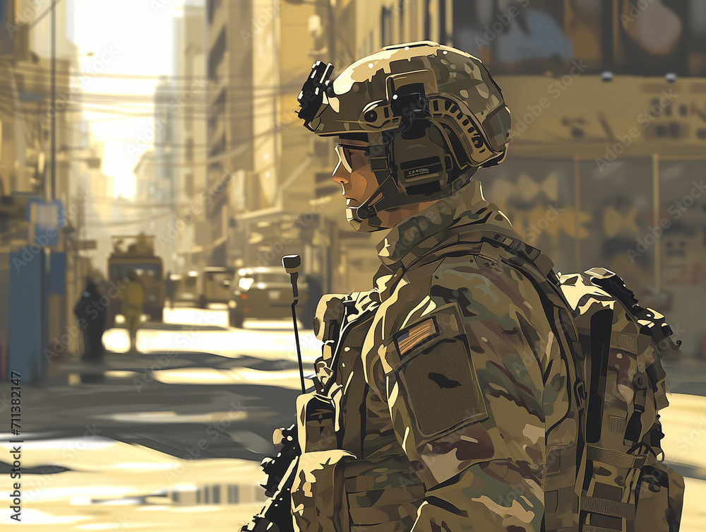 A soldier in a modern military uniform in an urban setting. A soldier in a modern military uniform in an urban setting.
