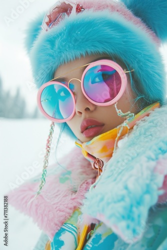 Fashion-forward model bundled in winter wear, featuring colorful goggles and blue fur hat