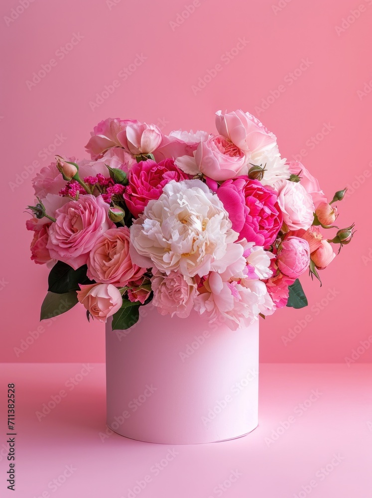 A lavish collection of varied roses and peonies nestled in a pink round box, set on a pink backdrop