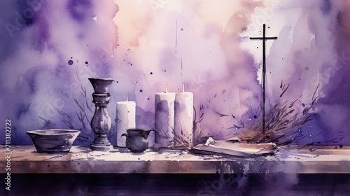 Artistic watercolor depiction of an Ash Wednesday altar scene, cross of ashes, and purple accents, serene and contemplative atmosphere, traditional watercolor.