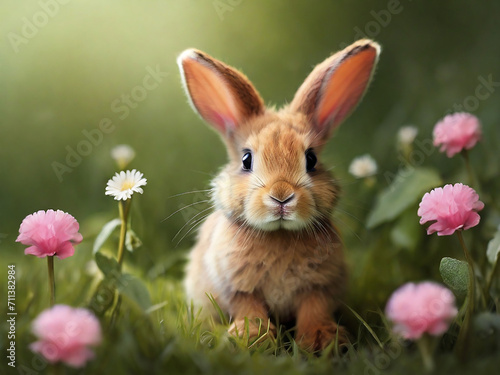 Adorable Bunny Rabbit with Flowers in the Grass
