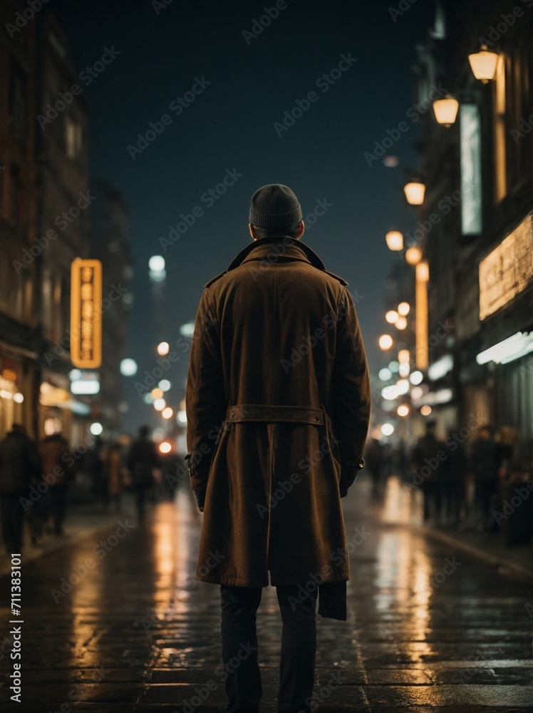 Man Walking Down Street in the Night, Urban Environment, Explore Downtown Cityscape. Generative AI.
