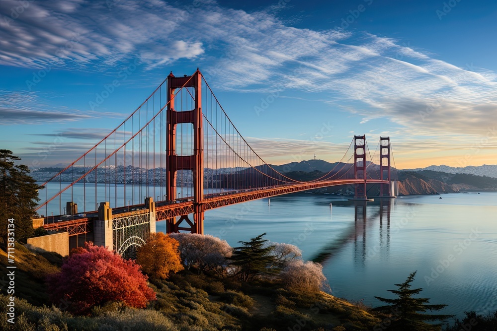 Fototapeta premium Golden Gate Bridge in San Francisco or Brooklyn bridge, USA. The big, red suspension bridge across the Strait in America, Generative AI