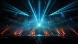 Neon-lit stage. Neon stage background, pedestal with neon light and haze. Rays from spotlights illuminate podium stage