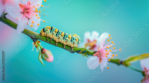 une jolie chenille se déplace sur la branche d'un cerisier en fleurs au printemps