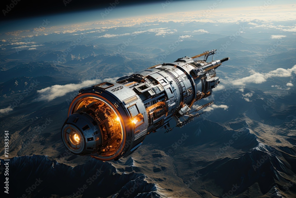 large spaceship in space in orbit against the background of the earth, Cinematic Still, Future concept, Generative AI