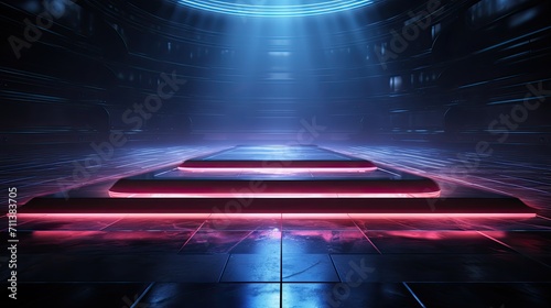 Neon Square stage background, pedestal with neon light and haze. Rays from spotlights illuminate the podium stage