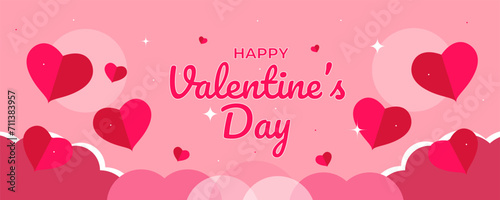 Happy valentine's day pink background. Paper cut love heart concept illustration vector design