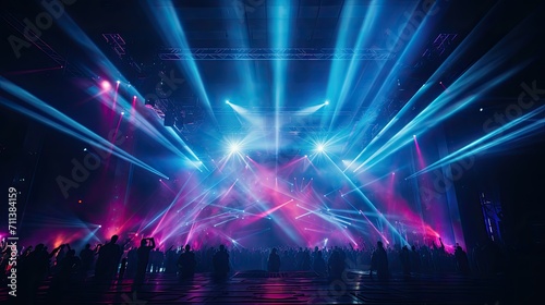 Neon-lit stage. Neon stage background, pedestal with neon light and haze. Rays from spotlights illuminate podium stage