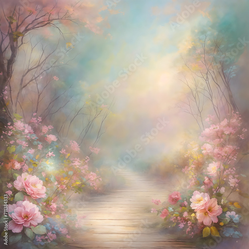 A vintage-style painting of a pathway surrounded by pink flowers and trees.