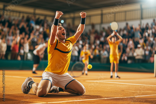 A tennis player rejoices, cheers, raises up a tennis racket, falls on his knees on the tennis court, expressing joyful emotions after a winning stroke.
