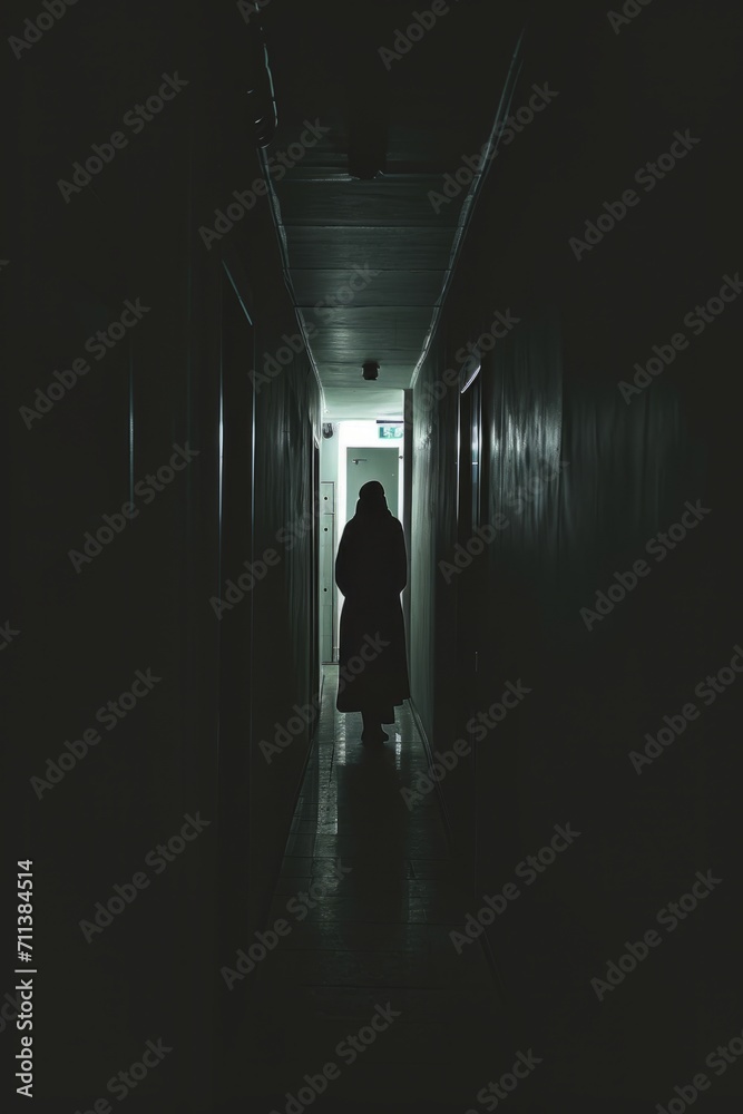 A dimly lit corridor with a solitary figure cloaked in shadows, their face obscured. Harsh contrasts reminiscent of film noir, inspired by the chiaroscuro technique.