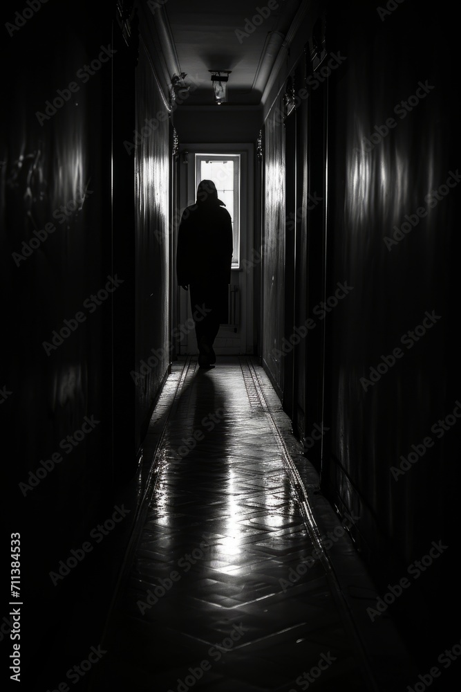 A dimly lit corridor with a solitary figure cloaked in shadows, their face obscured. Harsh contrasts reminiscent of film noir, inspired by the chiaroscuro technique.